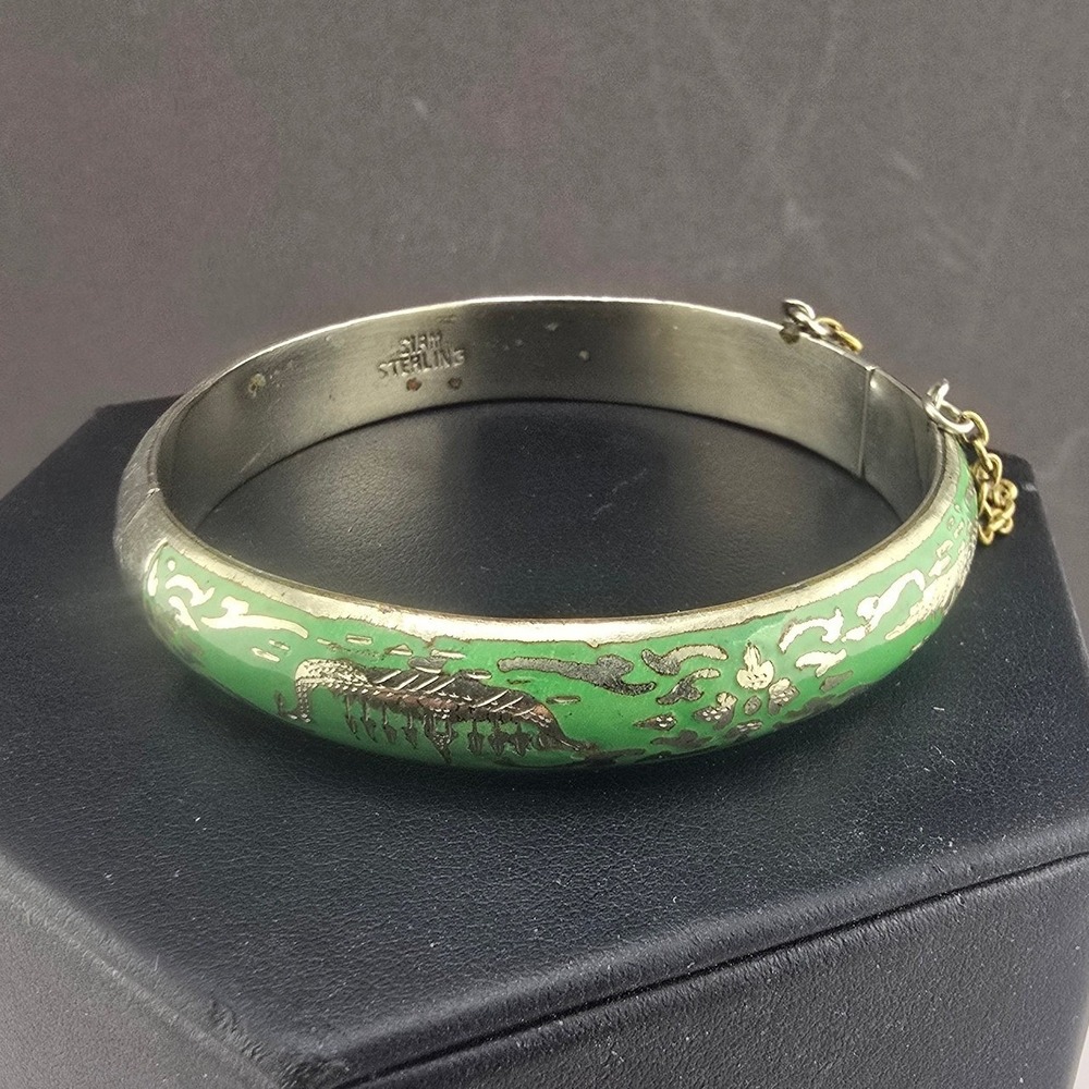 Vintage Estate Siam Sterling Bangle Green Enamel Etched Silver Hinged 2.25in